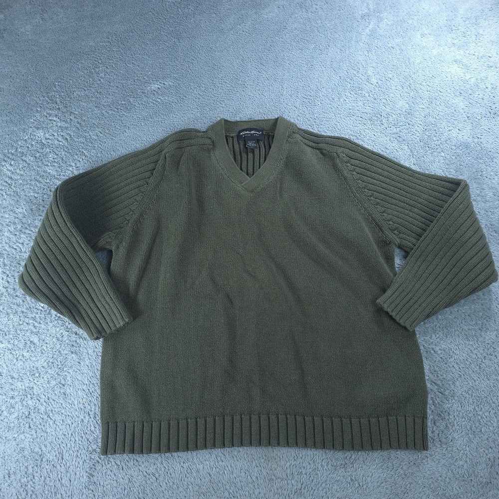 Vintage Eddie Bauer Sweater Mens Large Green V Neck Chunky Knit Pullover Casual